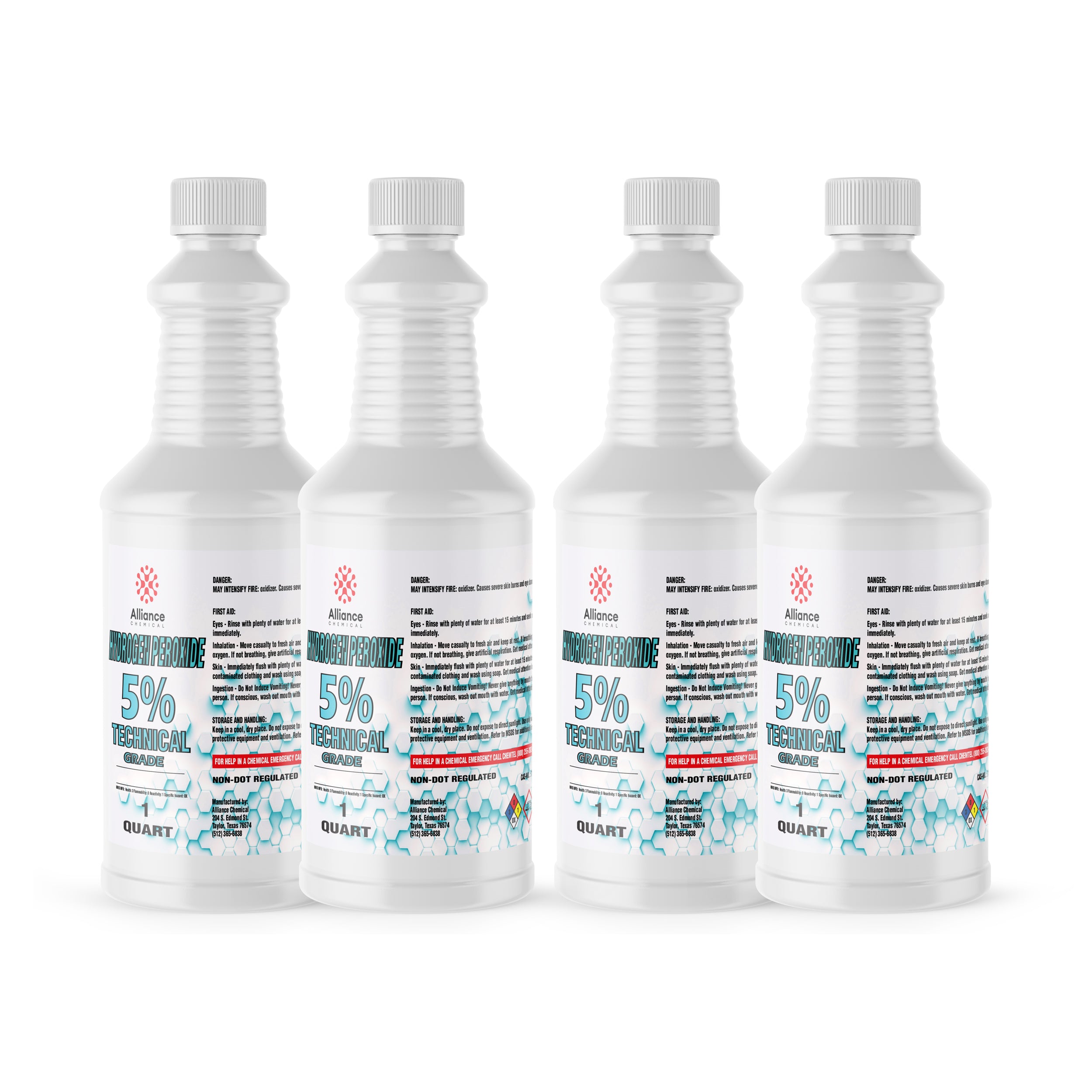 4 quart bottles of 5% Technical Grade Hydrogen Peroxide in white HDPE containers with safety caps, hazard warnings, and hexagonal molecular design.